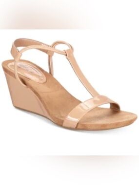 Style & Co. Nude Patent T-Strap Wedge Sandals